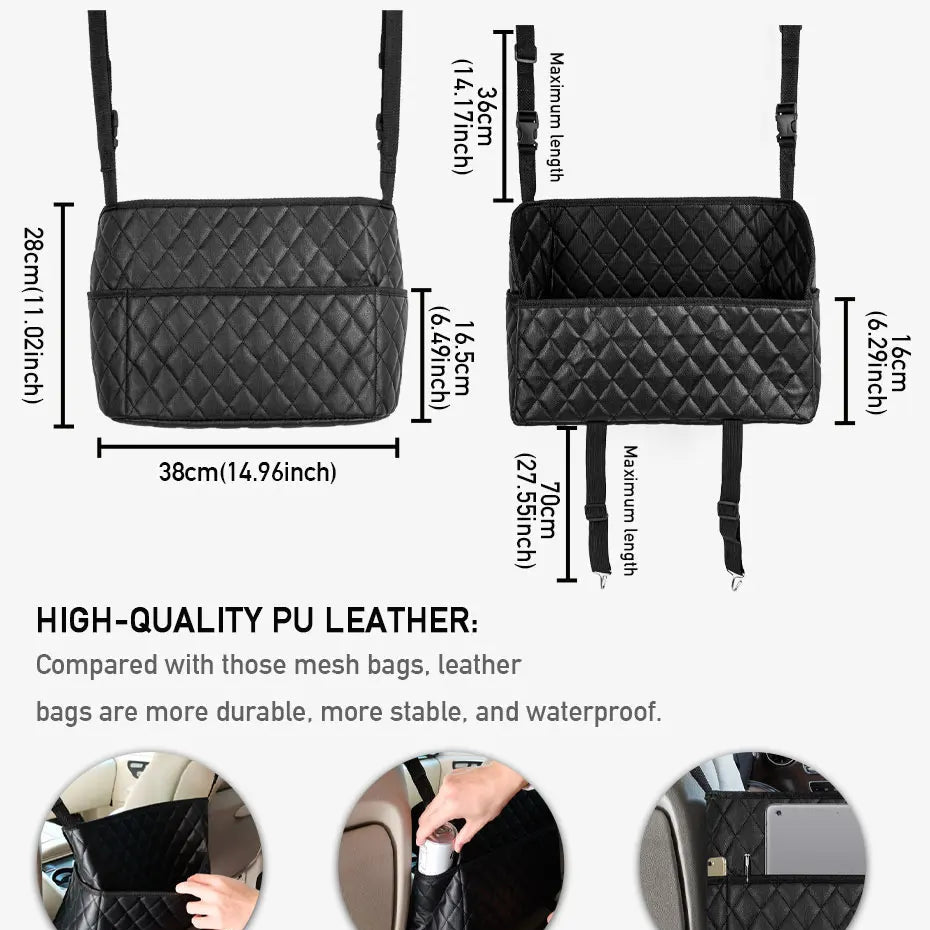 Product size infographic showing car seat gap organiser dimensions and PU leather quality