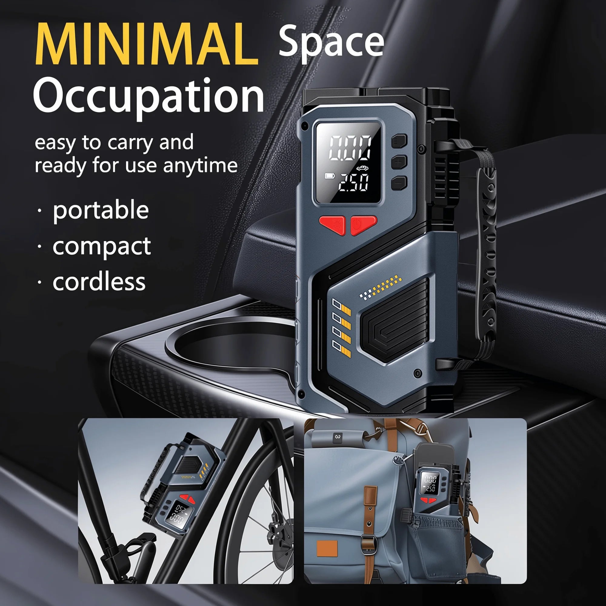 Compact Cordless Tyre Inflator resting in a car centre console, with inset photos showing it clipped to a bicycle frame and stored in a backpack pocket.
