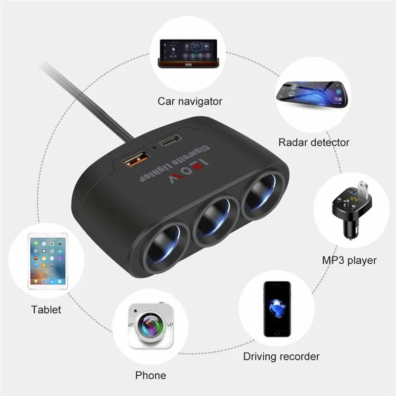 Infographic showing the Multi-Port Car Charger Hub powering a car navigator, tablet, MP3 player, phone and dining recorder