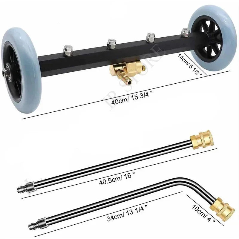 Dimension diagram of the underbody pressure washer wand and its three stainless steel extension wands