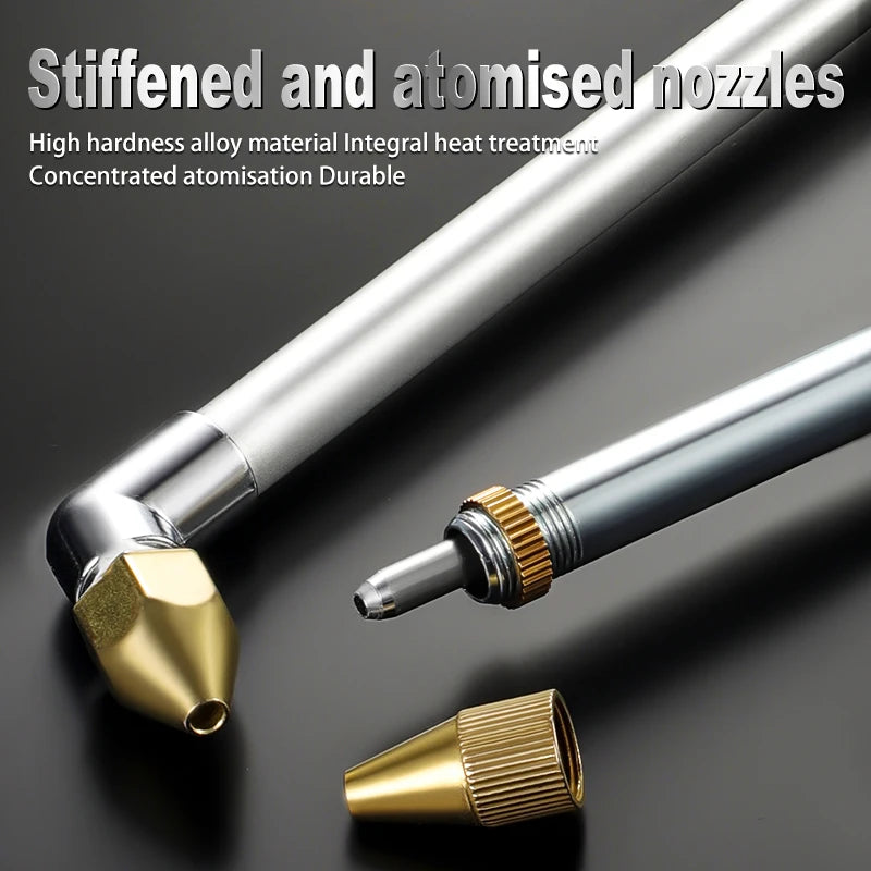Close up of the stiffened brass atomising nozzle on the pneumatic detailing air gun showing heat treated alloy construction