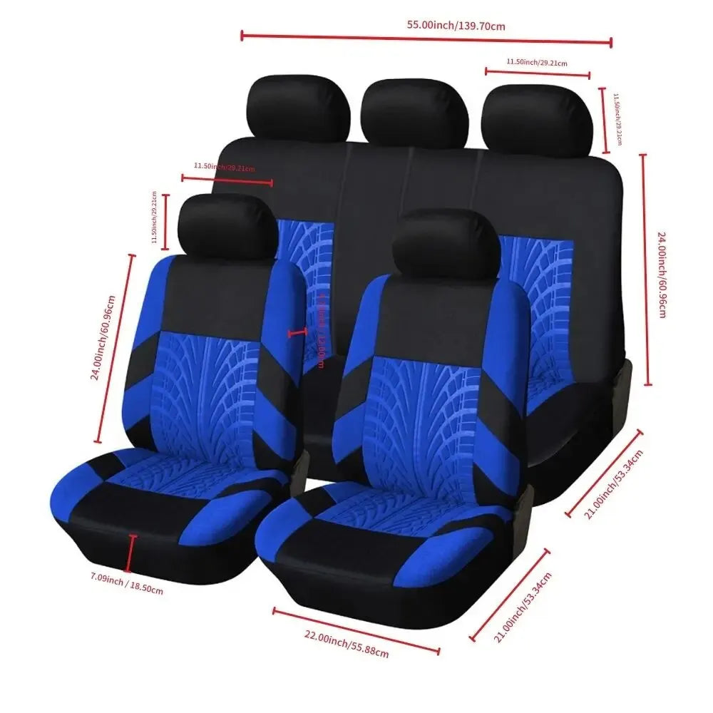 Ocean blue and black universal car seat covers laid out on a white background with fabric dimension callouts for the front and rear seats.