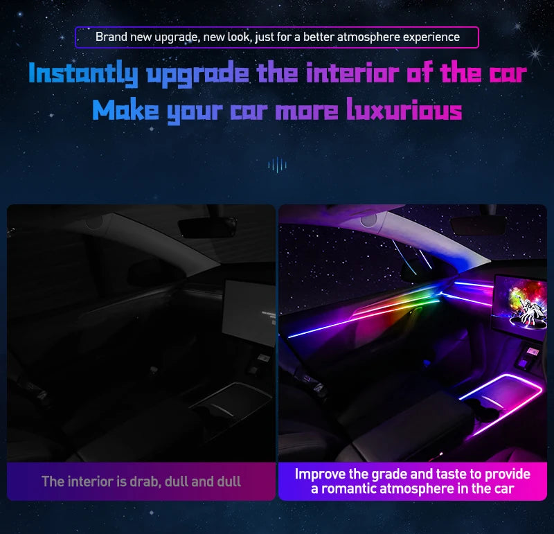 Symphony Ambient Lighting Suite car interior shown unlit and then lit with multicolour door and dashboard lighting