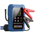 Compact Jump Starter Inflator in blue with digital display, red and black battery clamps and air hose on white background