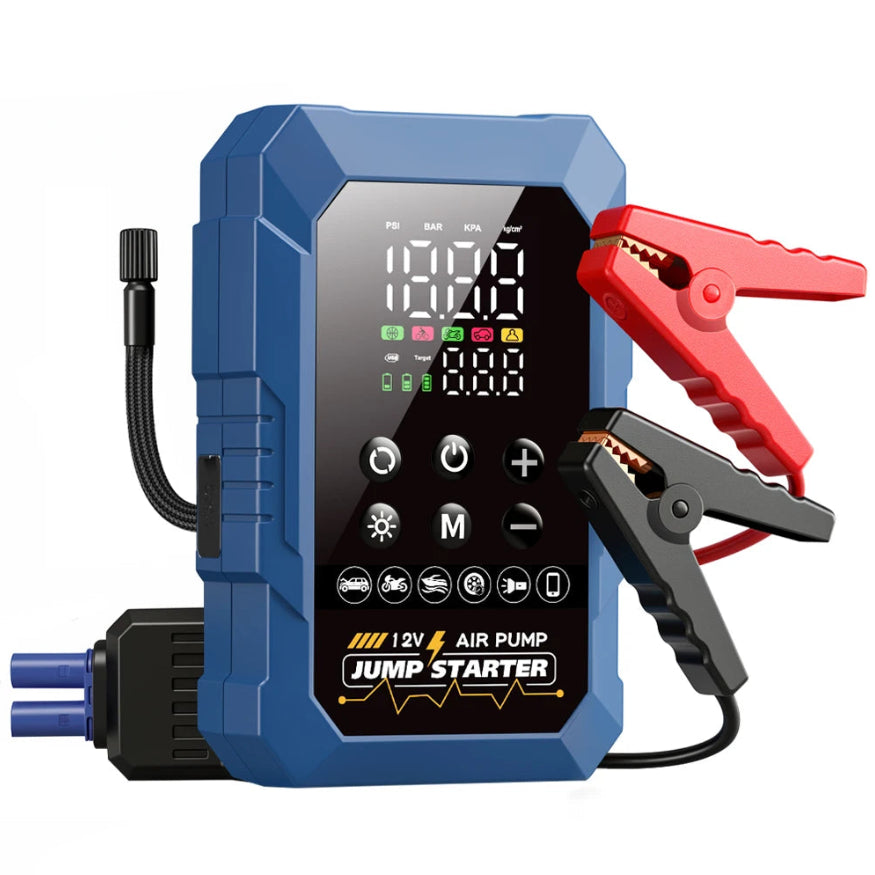 Compact Jump Starter Inflator in blue with digital display, red and black battery clamps and air hose on white background