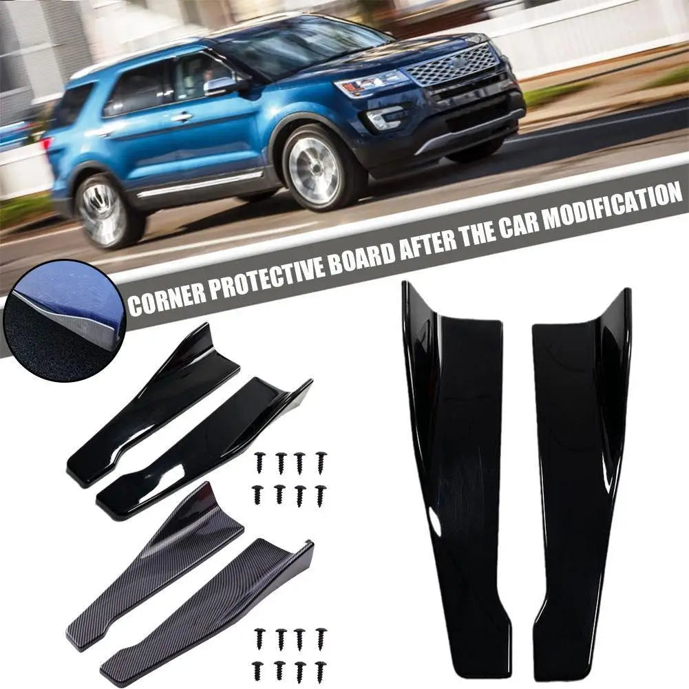 Blue Ford Explorer fitted with black corner protective side skirt splitters, with the gloss black and carbon fibre pattern splitter pairs shown below on a white background