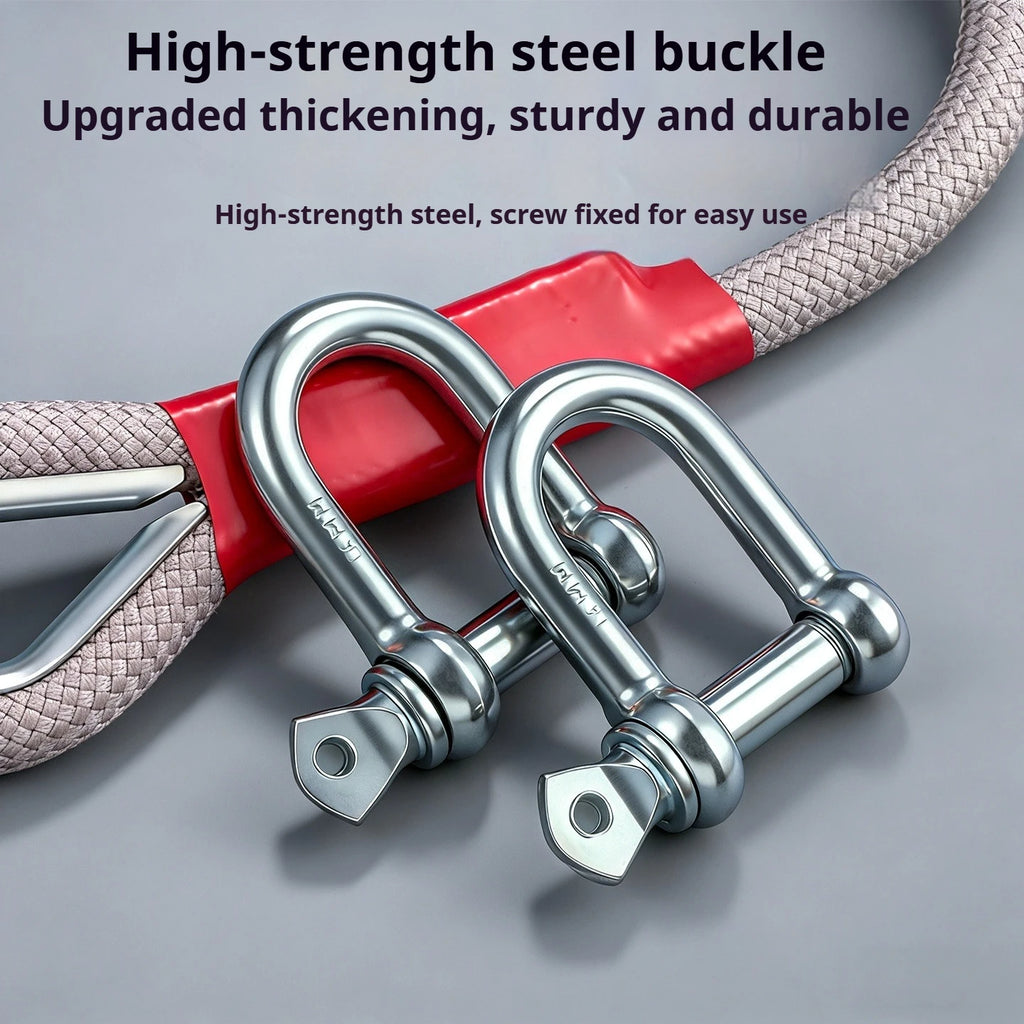 Close-up of the Heavy-Duty Recovery Rope's high-strength steel D-shackles fixed to the rope's protected loop end