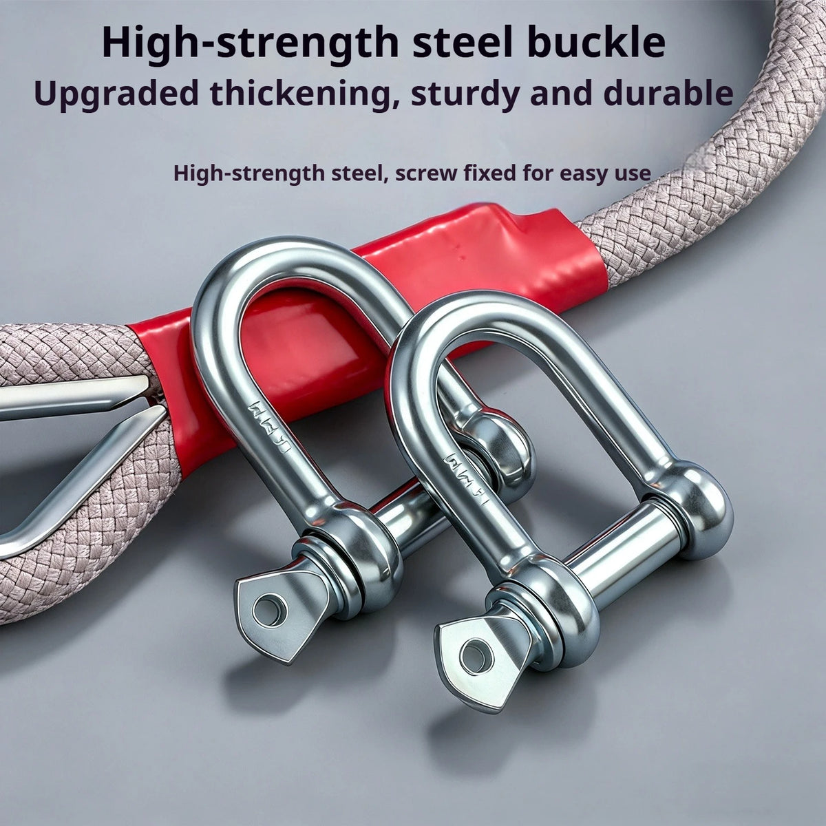 Close-up of the Heavy-Duty Recovery Rope's high-strength steel D-shackles fixed to the rope's protected loop end