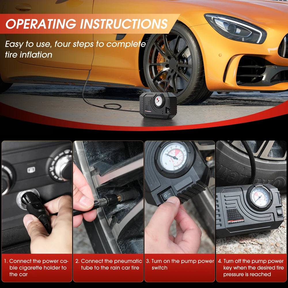 Four-step operating instructions graphic for the Mini Tyre Inflator showing power connection, hose attachment, switch and shut-off.
