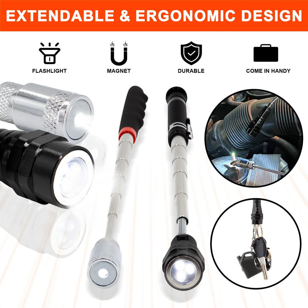 Extendable magnetic LED flashlight and torch from the Deluxe Tyre Repair Kit being used under a car bonnet