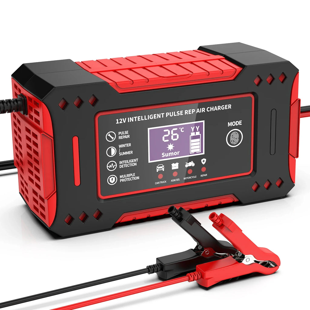 Red and black 12V intelligent pulse repair smart battery charger with LCD display and alligator clamps on a white background