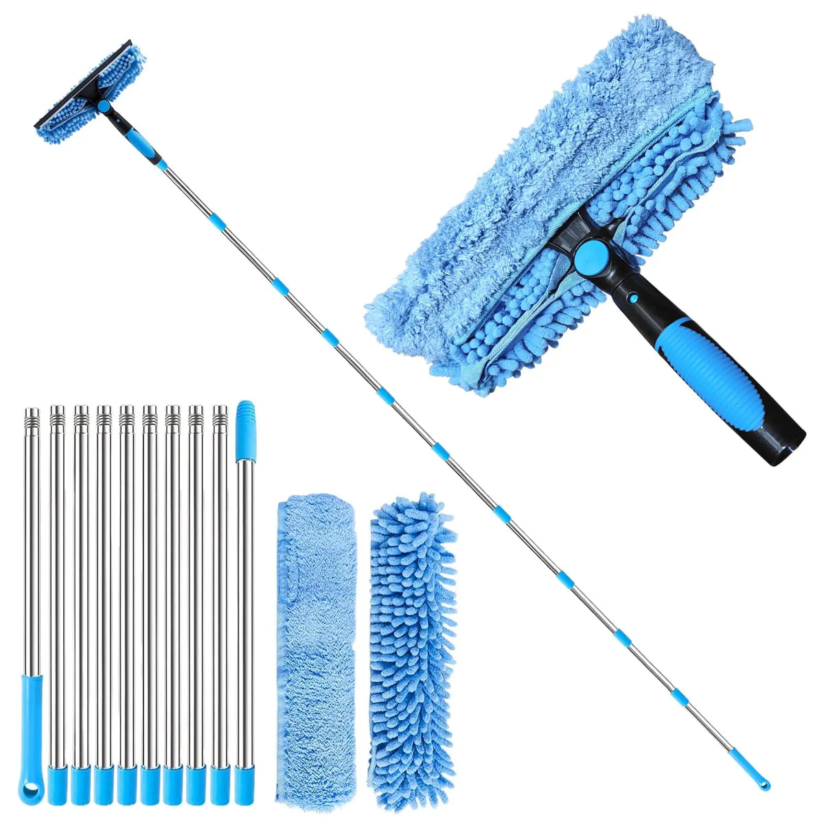 Telescopic car wash brush with extendable pole, chenille microfibre wash mitt and squeegee head for cleaning car windows and bodywork