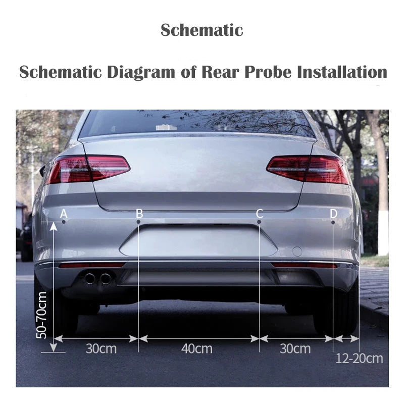 Schematic diagram showing correct rear bumper probe spacing and mounting height for installing the LED Parking Sensor Kit