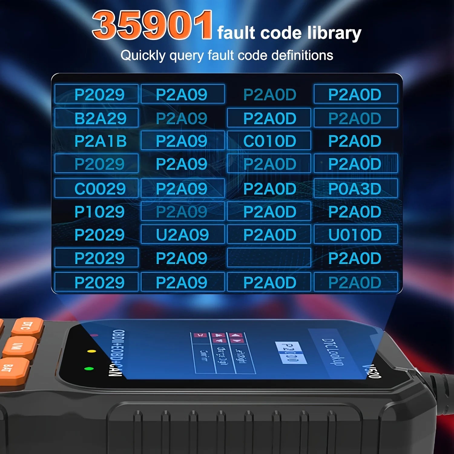 Advanced OBD2 Scanner screen showing fault code library search with 3,590 plus code definitions