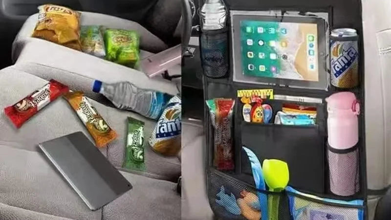 Car seat organizer before and after use with snacks and drinks.
