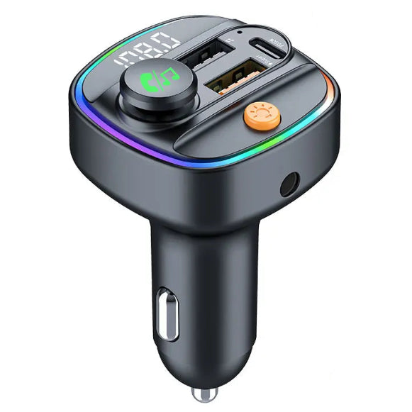 Bluetooth Car FM Transmitter Fast Charging version, shown plugged into a car port with charging cable, labelled variant tag.