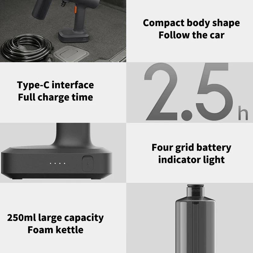 Cordless Car Pressure Washer features: compact size, 2.5-hour USB-C charge, four-light battery indicator and 250 ml foam bottle