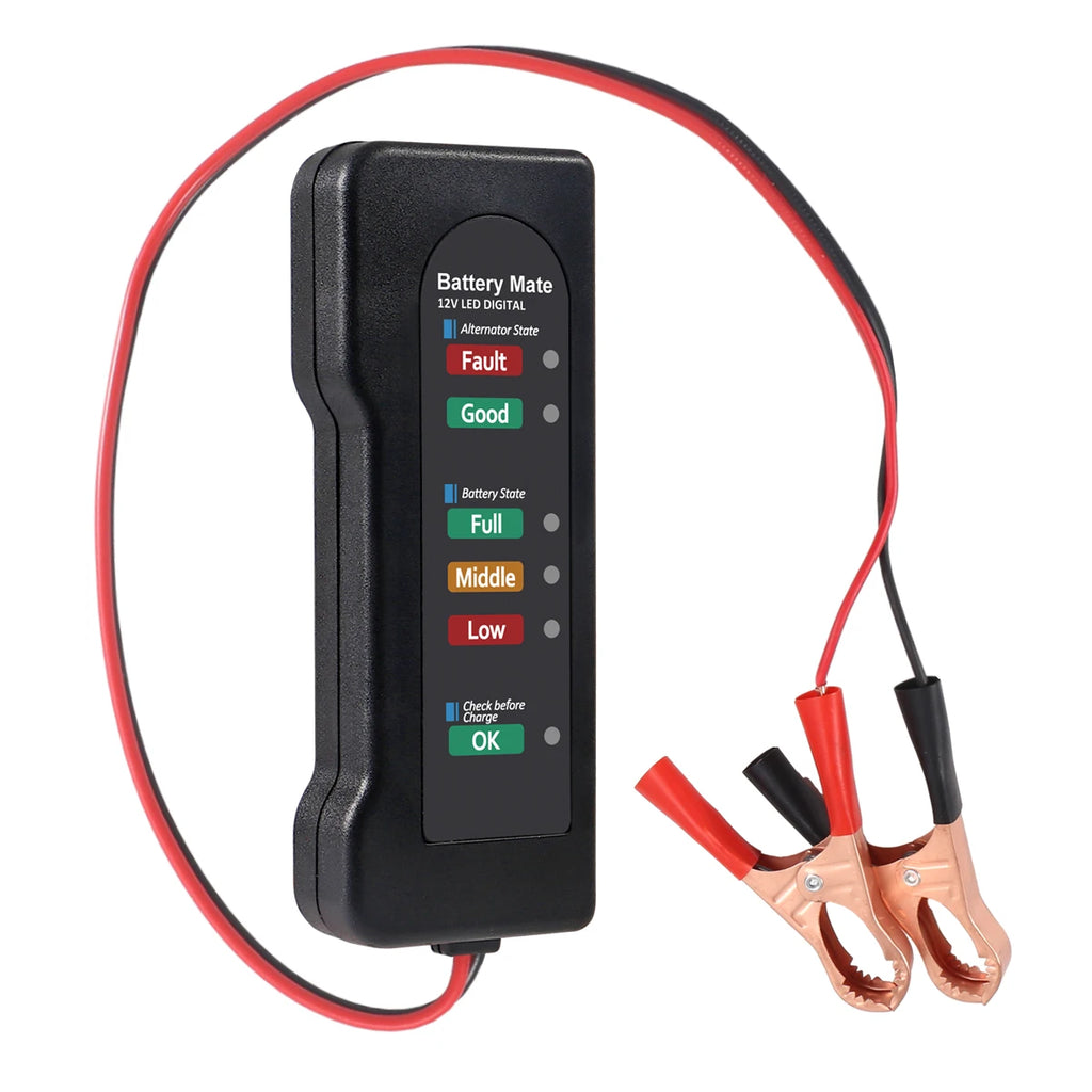 12V LED Battery and Alternator Tester with red and black crocodile clip leads on a white background