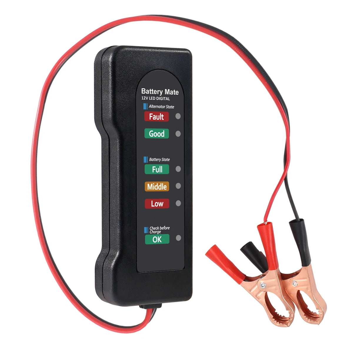 12V LED Battery and Alternator Tester with red and black crocodile clip leads on a white background