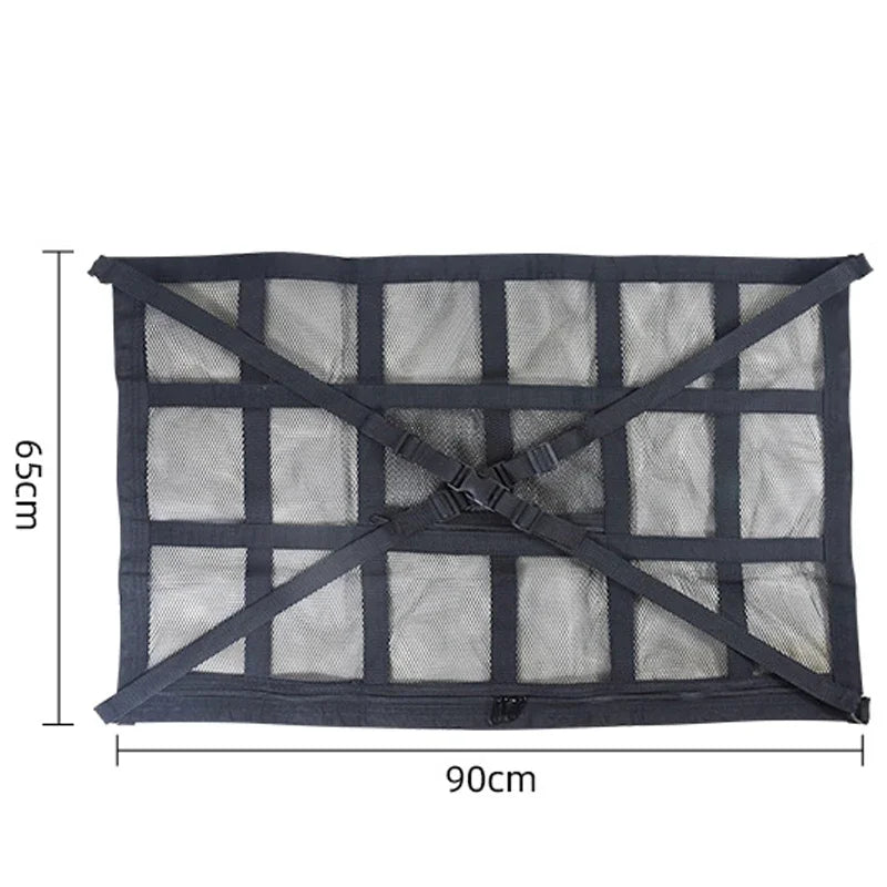 Black mesh car roof cargo net on white background showing 65cm x 90cm dimensions