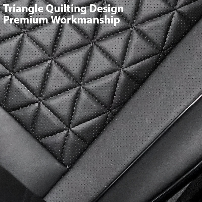 Close-up of the Front Seat Cushion Cover's triangle quilting design and premium perforated leather workmanship