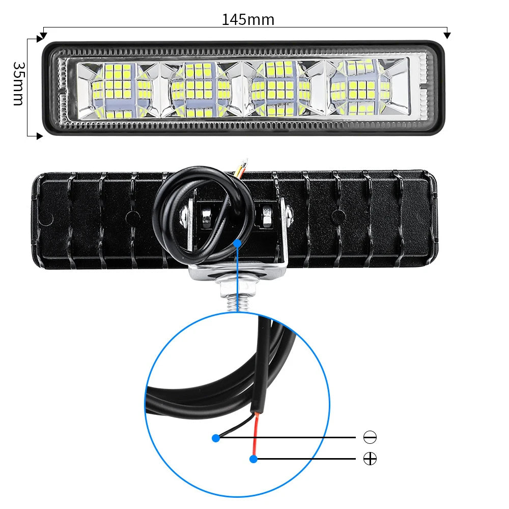 72W LED Work Light Pair dimension diagram showing 145mm x 35mm size, rear mounting bracket and positive and negative wiring leads