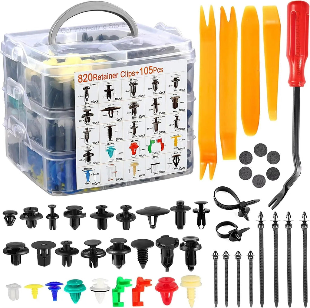 Car fastener retainer clip kit storage case with orange trim tools, screwdriver, scissors and assorted clips displayed