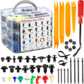 Car fastener retainer clip kit storage case with orange trim tools, screwdriver, scissors and assorted clips displayed