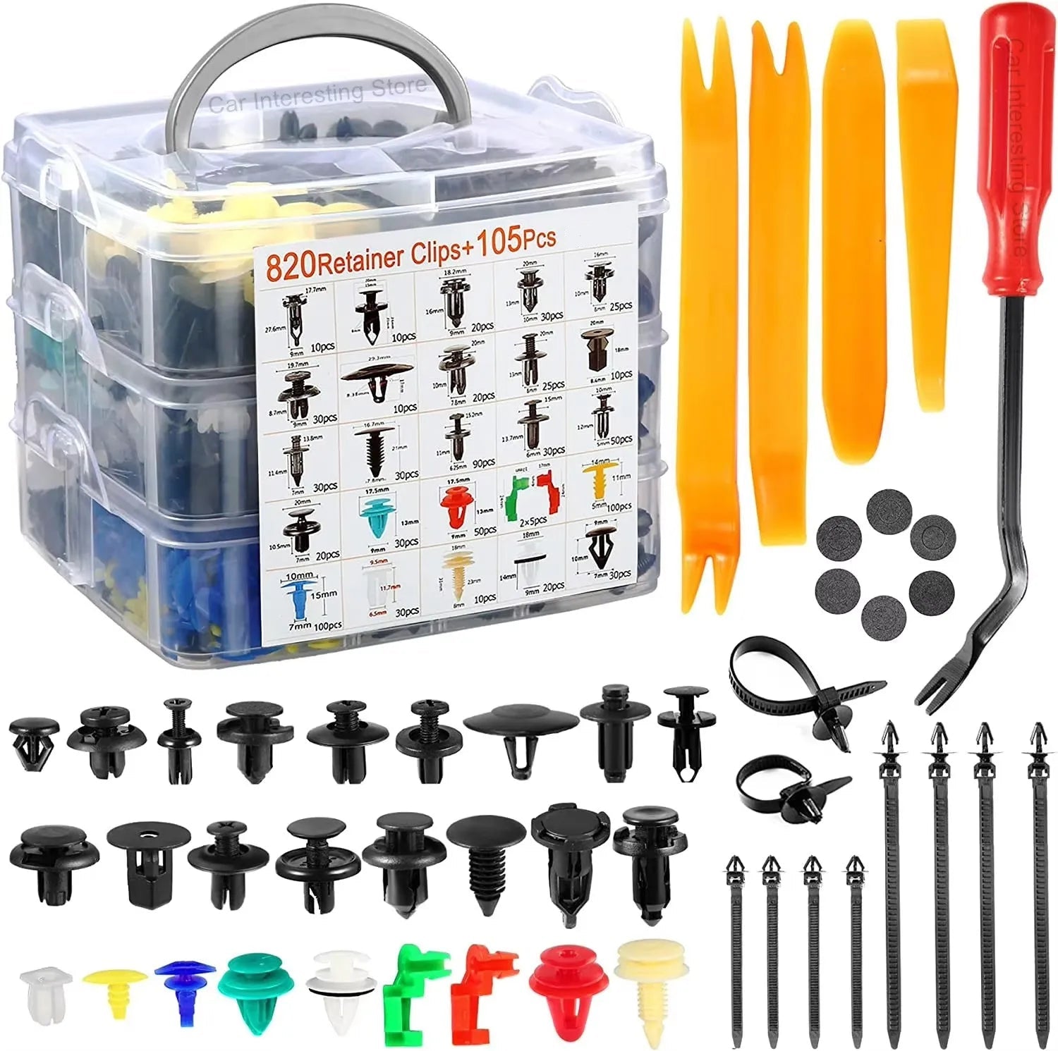 Car fastener retainer clip kit storage case with orange trim tools, screwdriver, scissors and assorted clips displayed