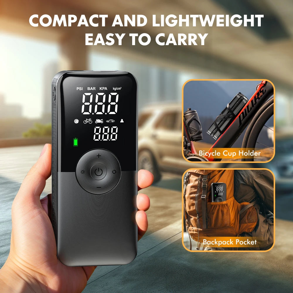 Compact Cordless Tyre Inflator Attached to Bicycle Cup Holder and Backpack Pocket