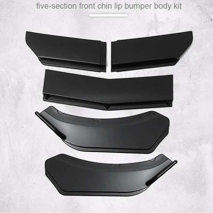 Five-piece front chin lip bumper kit laid out on a grey textured background showing the left and right splitters, centre lip and two side pieces