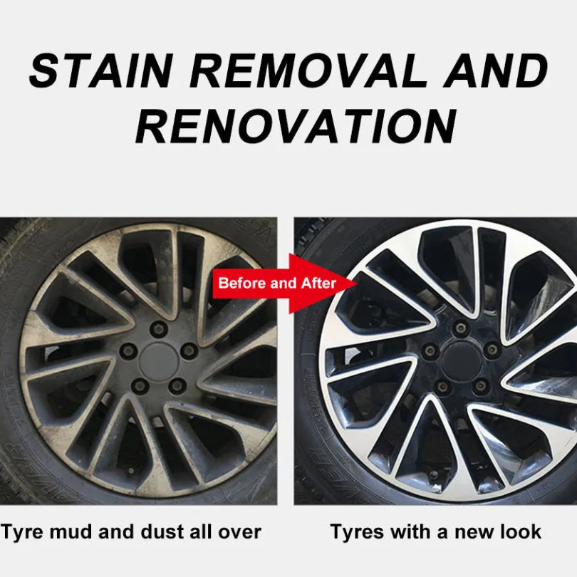 Before and after comparison showing a muddy, dusty car tyre restored to a clean finish using the wheel brush