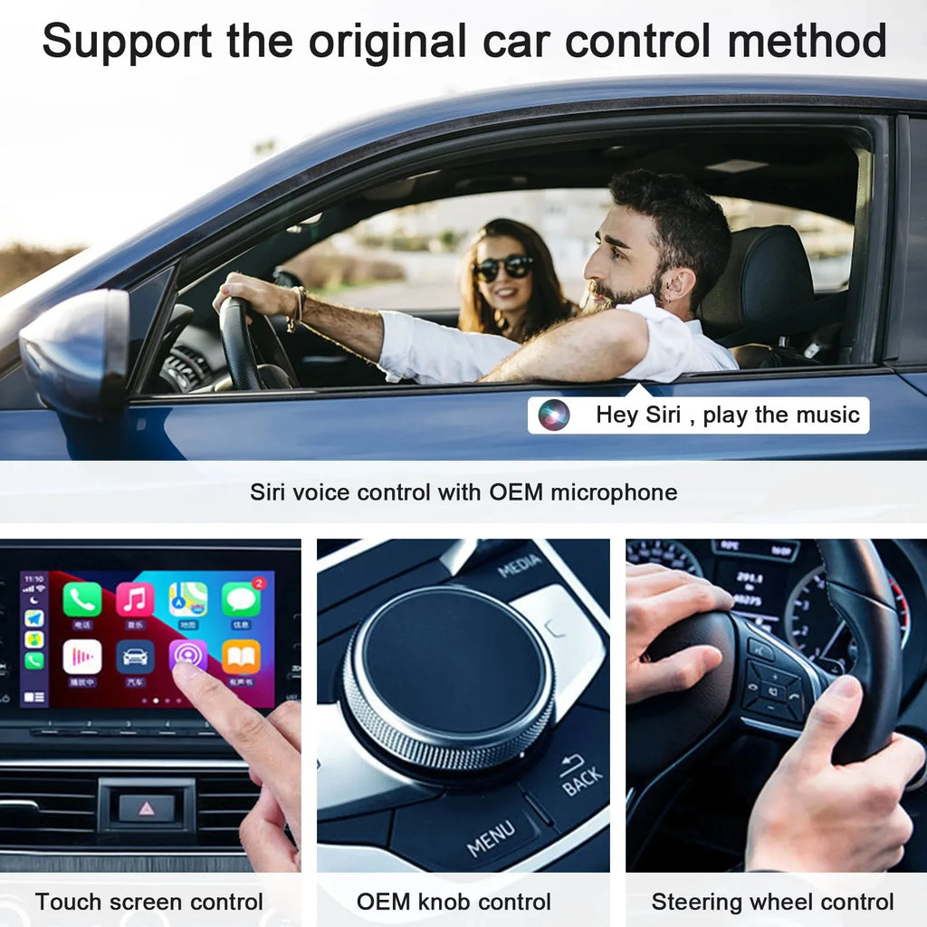 Infographic showing the Wireless CarPlay Adapter supporting original car control methods including touchscreen, OEM voice control and steering wheel buttons.