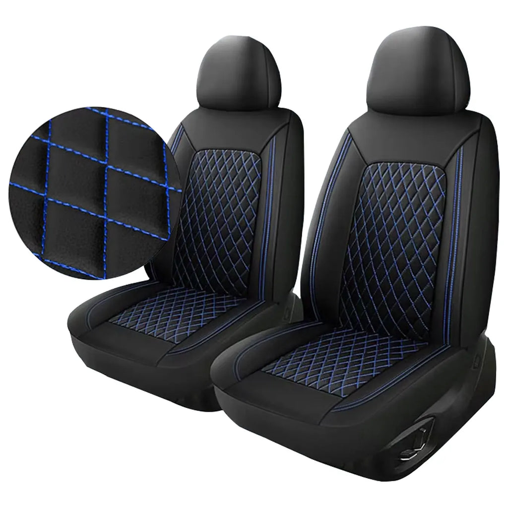 Blue-stitched quilted leather car seat covers colourway on white background