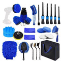 Blue drill brush detailing kit with drill brushes, polishing pads, detailing brushes, wire brushes, wash mitt and storage bag
