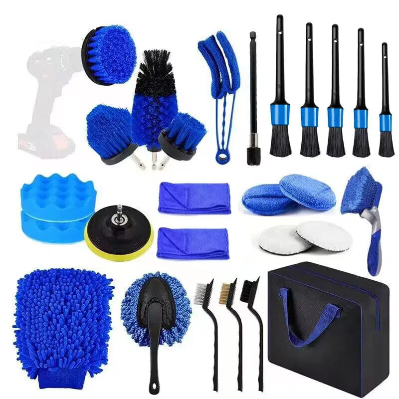 Blue drill brush detailing kit with drill brushes, polishing pads, detailing brushes, wire brushes, wash mitt and storage bag