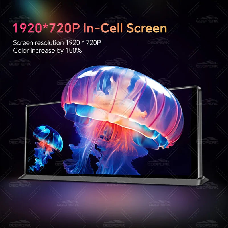 Pro CarPlay Dash Cam 11.3-inch 1920 x 720P in-cell touchscreen display demonstrated with a vivid jellyfish graphic to showcase colour and clarity