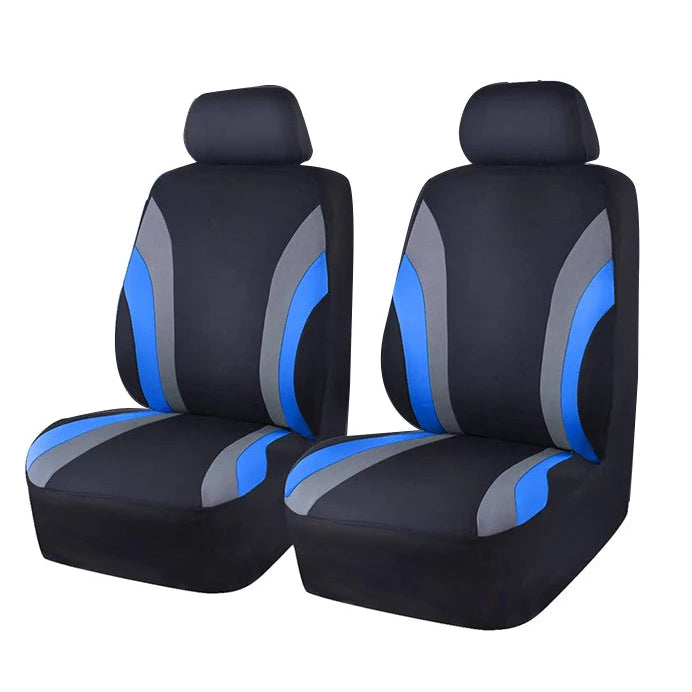 A pair of black car seat covers with blue and gray curved accent panels, shown on a plain white background.