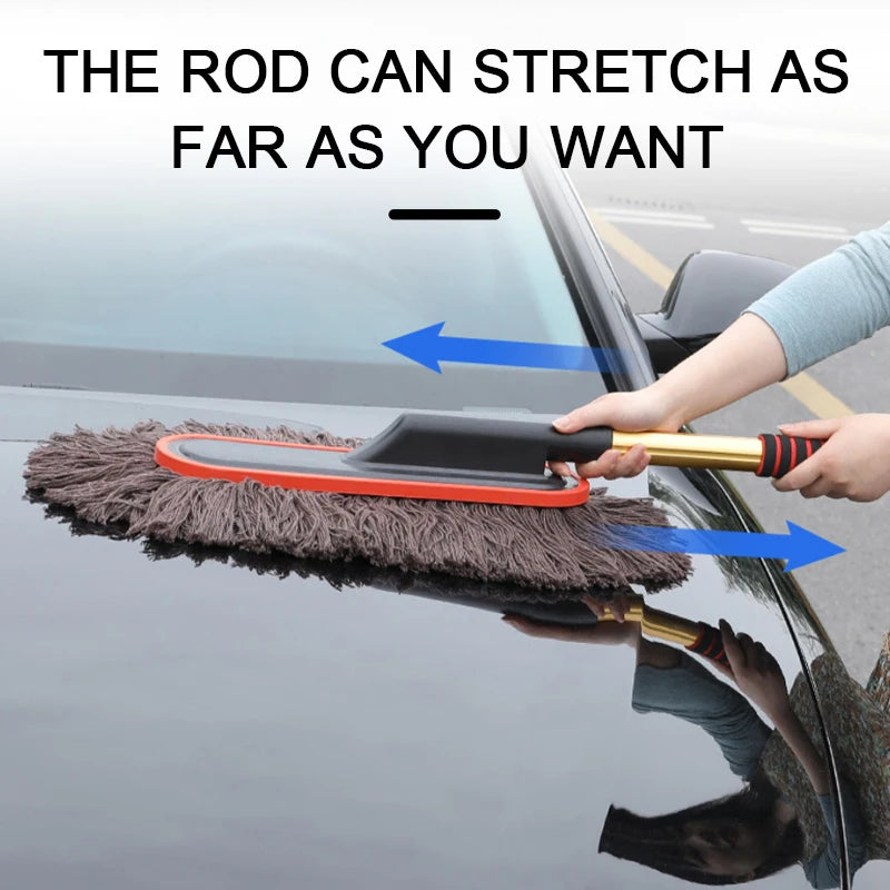 Telescopic Wax Duster Brush with its extendable rod stretched out to dust a car's windscreen and bonnet