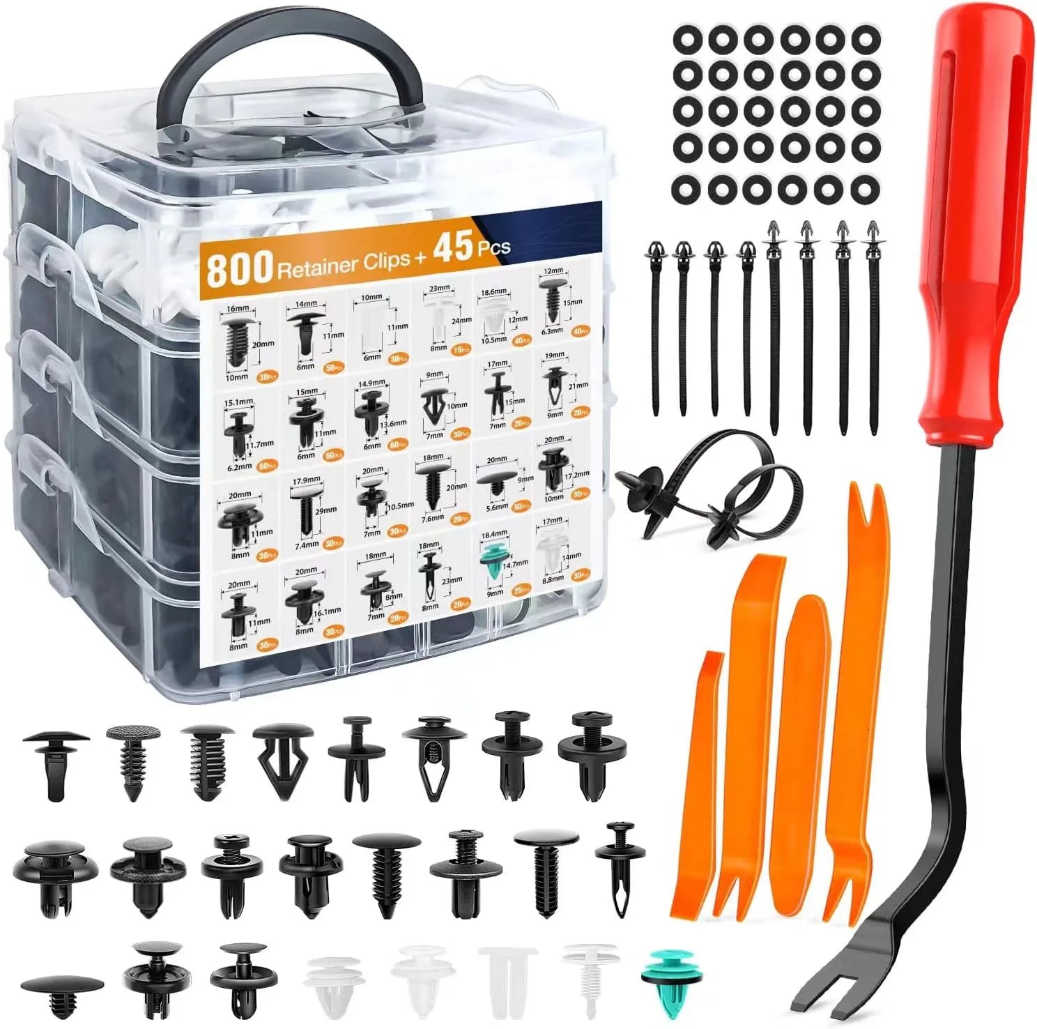 800 retainer clips plus 45 piece car fastener kit storage case with orange tools and clips displayed
