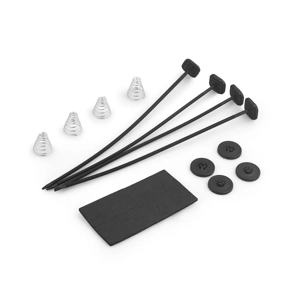 Universal Radiator Cooling Fan mounting hardware close-up including cable ties, rubber grommets, springs, foam adhesive pad and screws