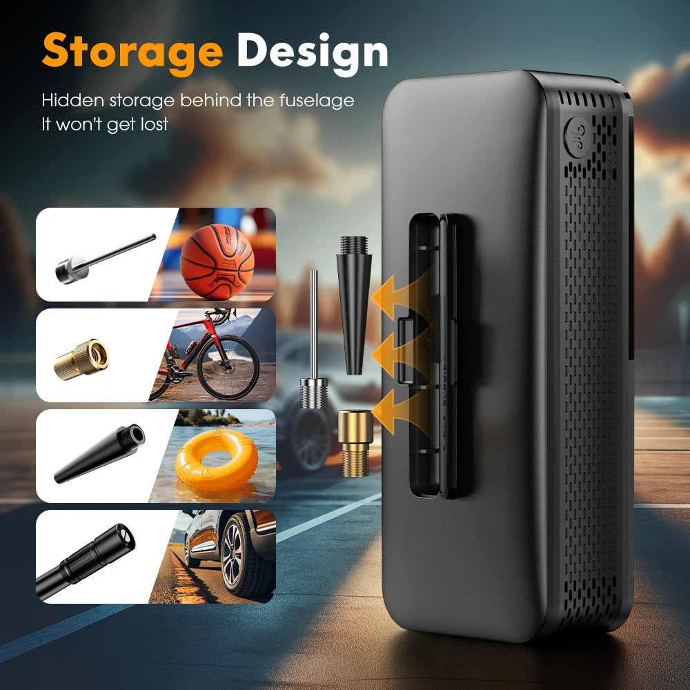 Cordless Tyre Inflator Hidden Storage Compartment for Nozzle Accessories