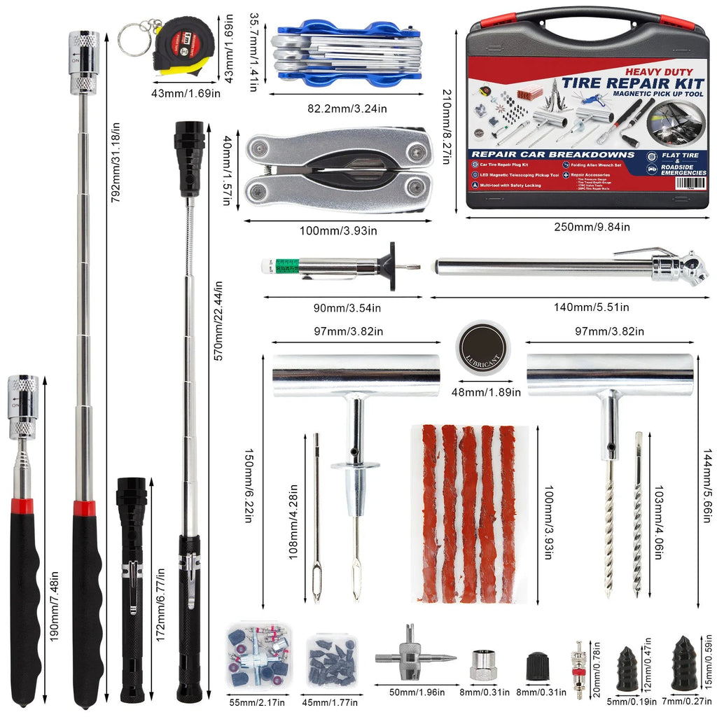 Deluxe Tyre Repair Kit tools and case with detailed millimetre and inch measurements
