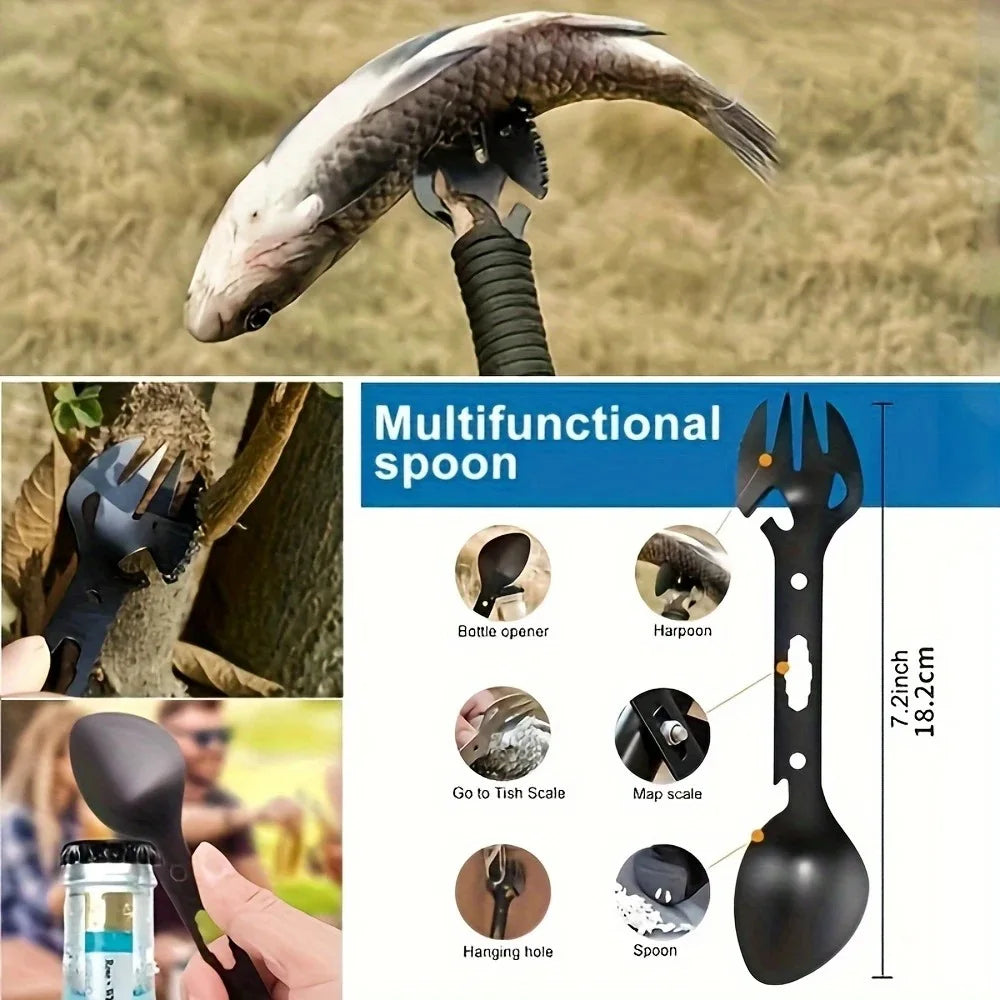 Vehicle Survival Tool Kit multifunction spork with bottle opener, fish scaler and hanging hole, shown in outdoor use