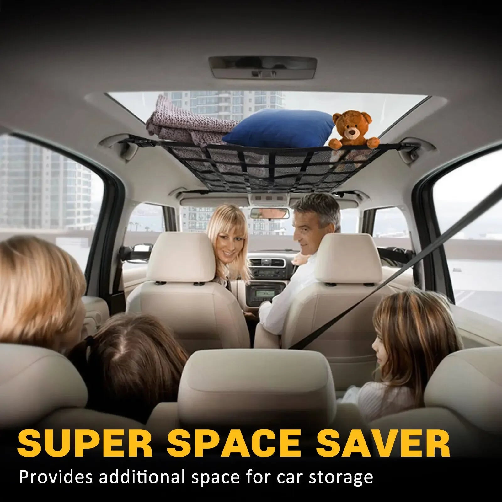 Family seated in vehicle with roof cargo net overhead providing extra storage space