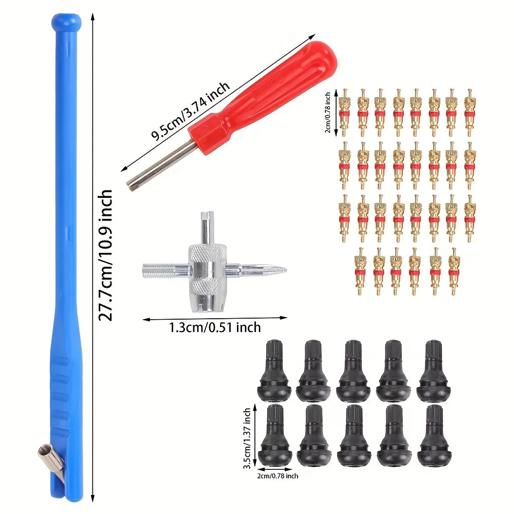 Dimension diagram of the tyre valve tool kit's puller, screwdriver, cross wrench and valve stem components
