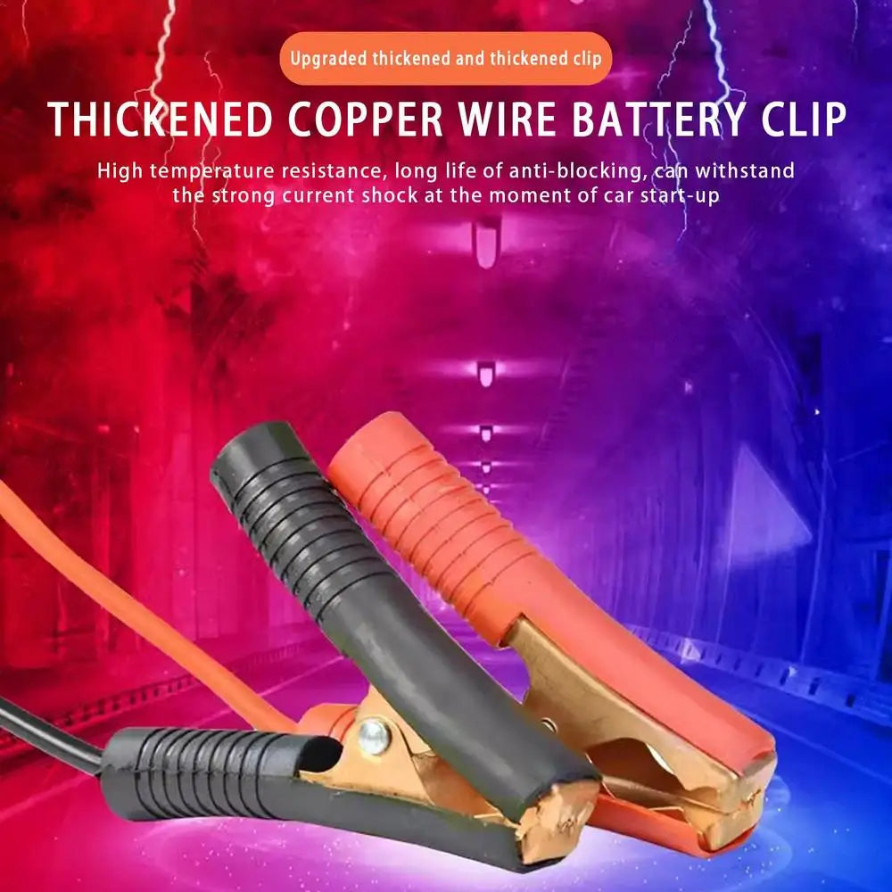 Close-up of the thick copper-wire red and black battery clamps on the Tool Battery Jump Starter Adapter