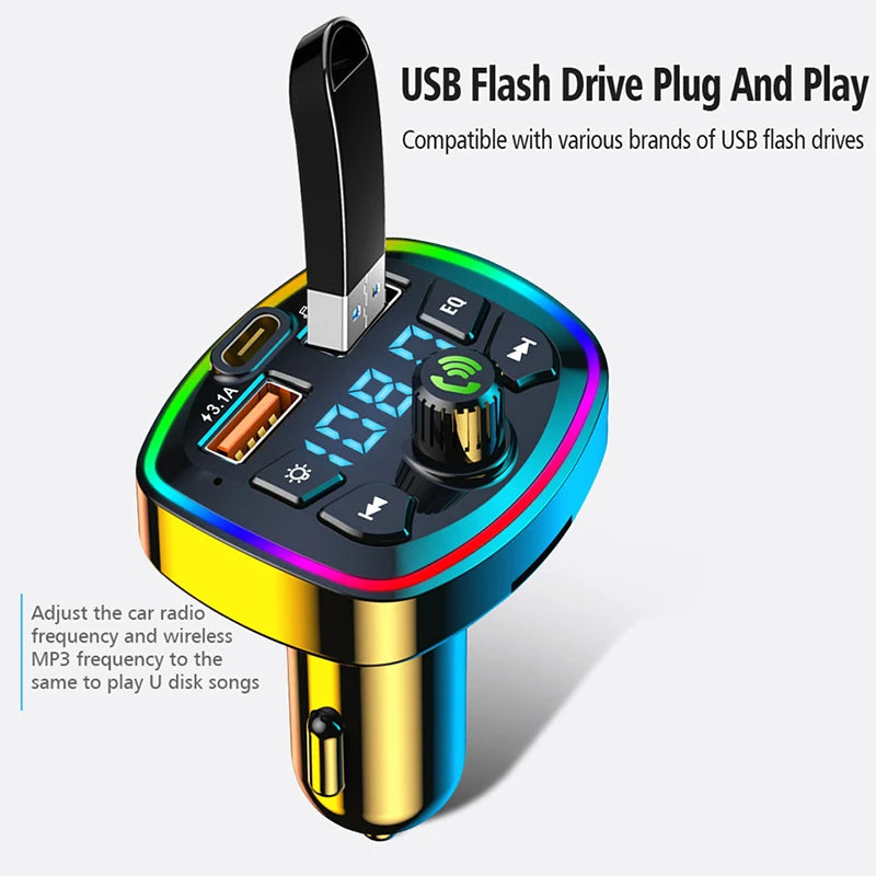 Hands-Free Bluetooth FM Transmitter playing music from a USB flash drive plugged into its USB port