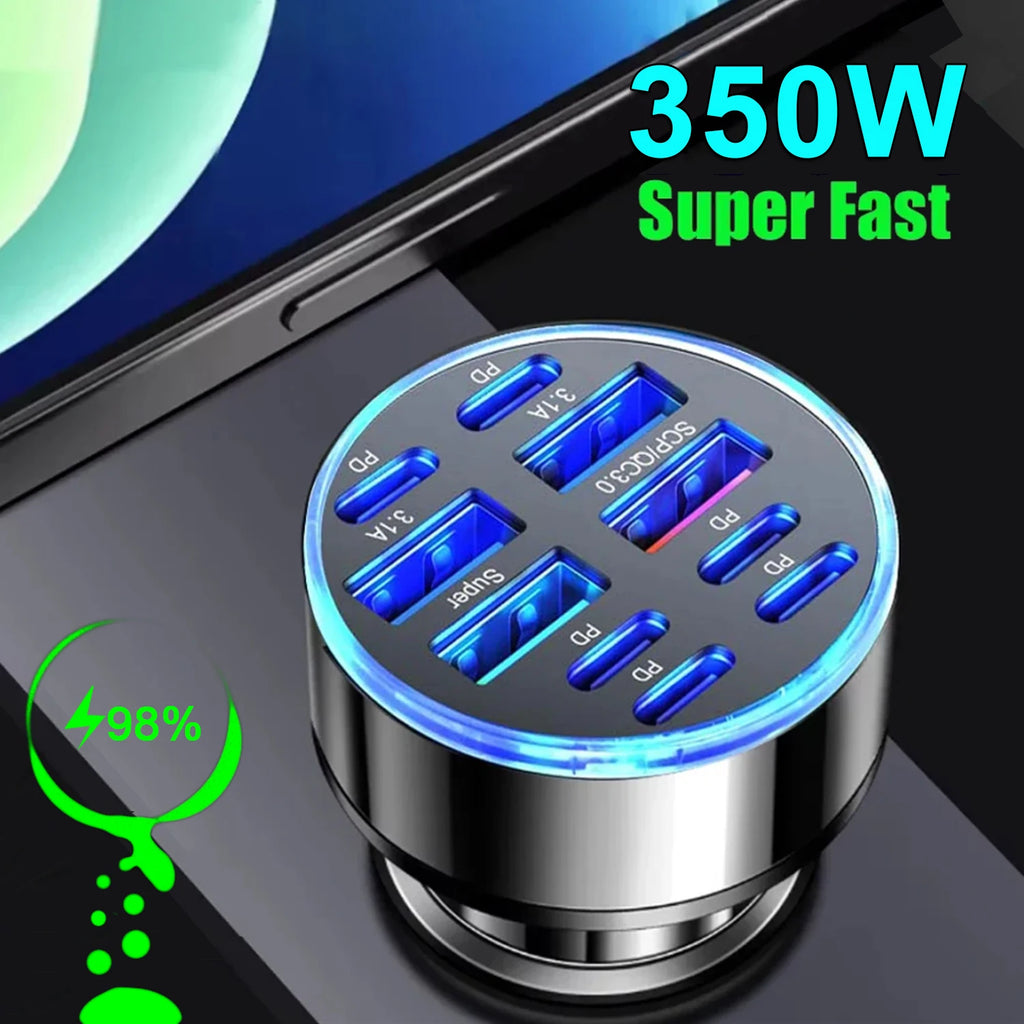 10-Port Fast Car Charger infographic highlighting 350W super fast charging speed near a smartphone