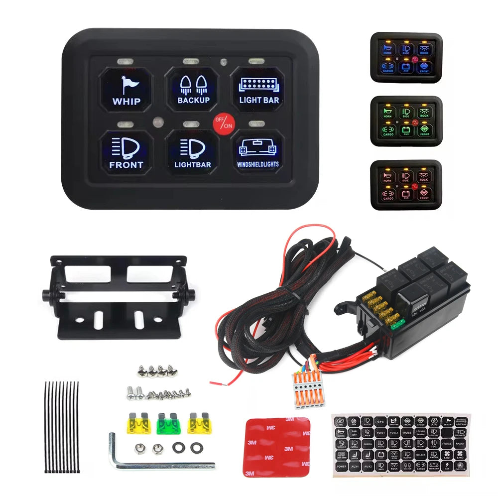 6-Gang Touch Switch Panel with backlit switch labels, relay box wiring harness, mounting bracket, fuses, label sticker sheet and hardware